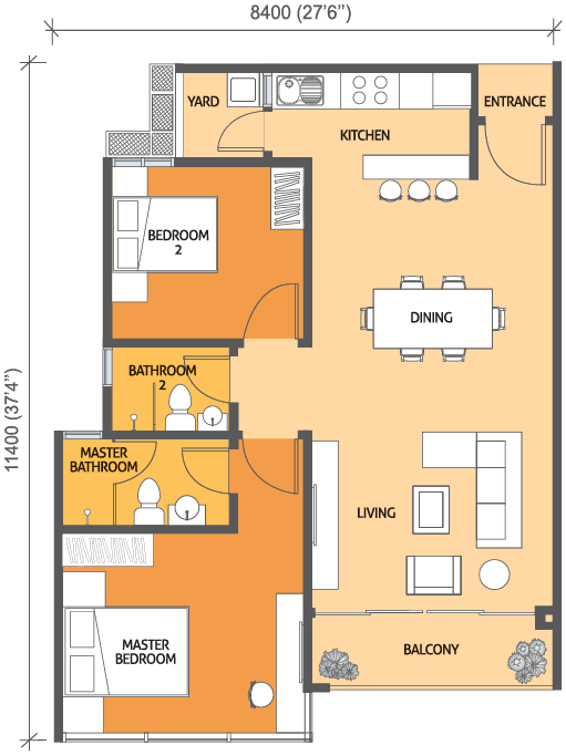 2 bedroom suite, 915 sq ft