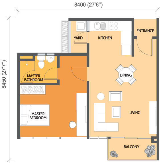 1 bedroom suite, 613 sq ft