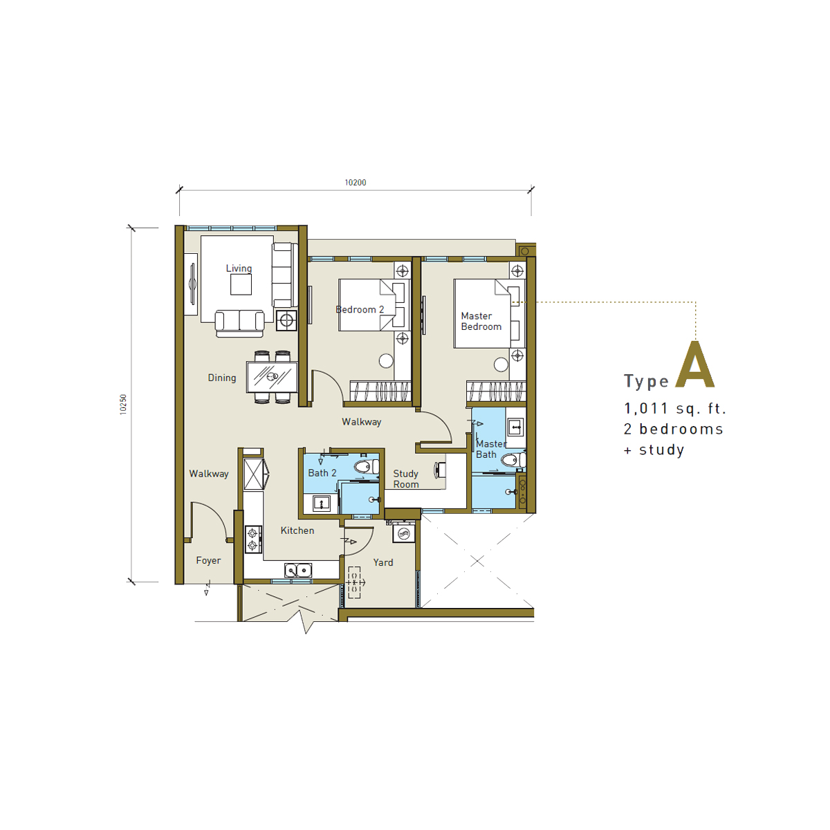 1,011 sq. ft. 2 bedrooms, 1 study