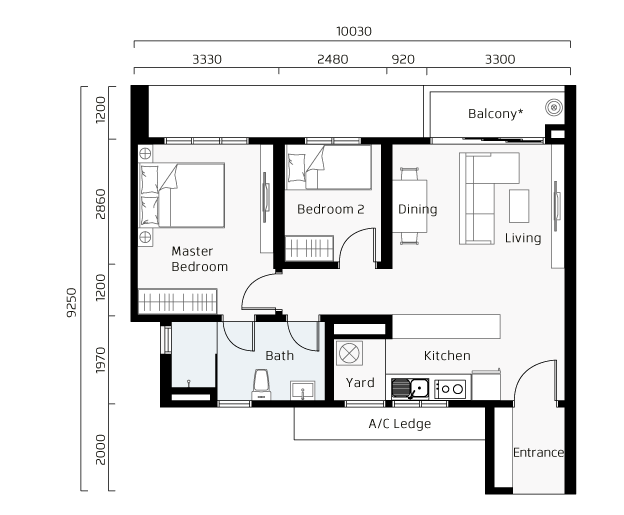 2 bedrooms, 1 bathroom suite - 749 sq ft