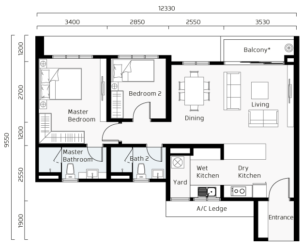 2 bedrooms, 2 bathrooms suite - 928 sq ft