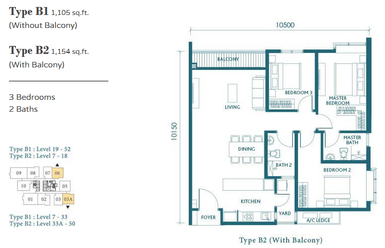 1,105-1,154 sq. ft. 3 bedrooms, 2 bathrooms