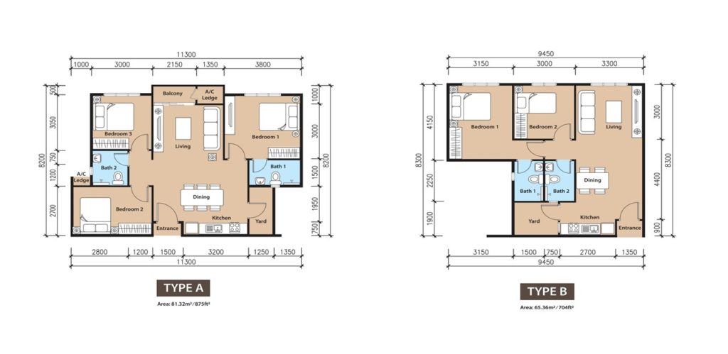 2 bedrooms and 3 bedrooms apartment units
