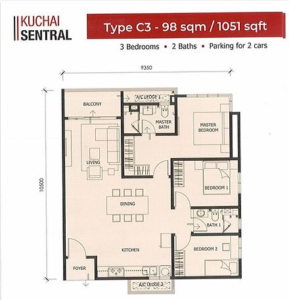 3 rooms, 2 baths Suite - 1,051 sq ft