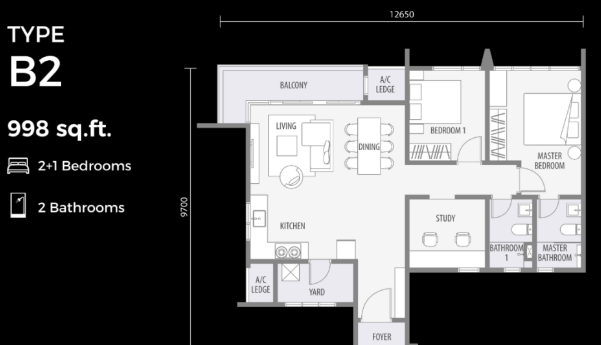+1 bedrooms, 2 bathrooms on built up 998 sq ft 