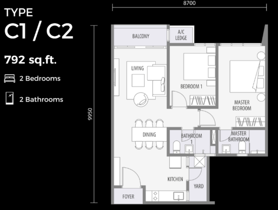 2 bedrooms, 2 bathrooms on built-up 792 sq ft