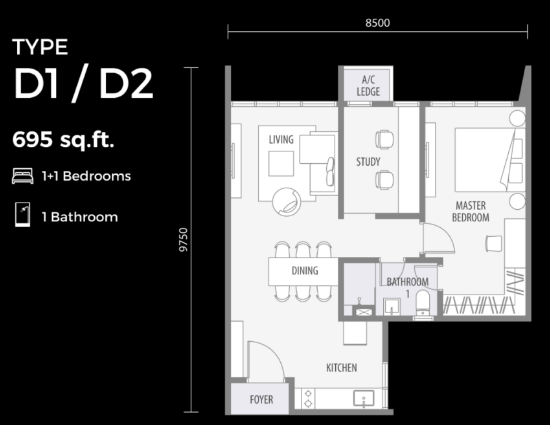 1+1 bedroom, 1 bathroom on built up 695 sq ft