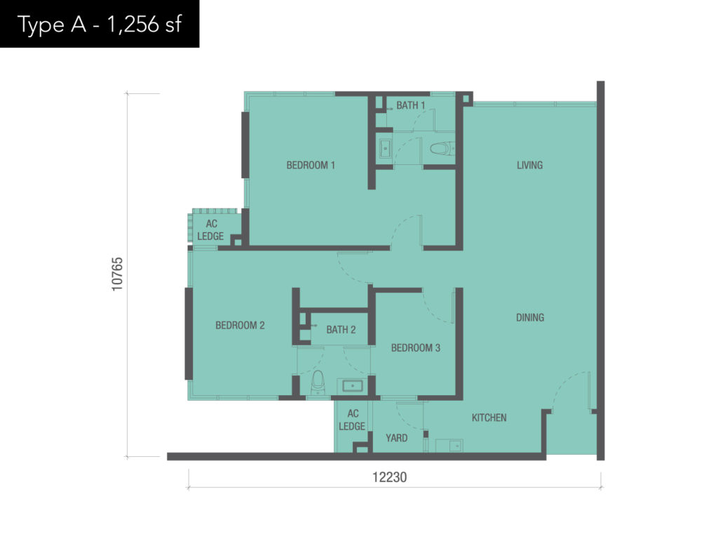 3 bedrooms with built-up area 1,256 sq ft