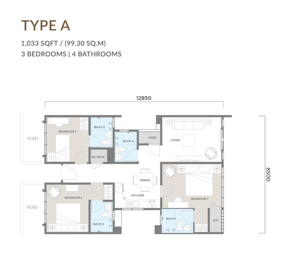 3 bedrooms, 4 bathrooms with built-up 1,033 sq ft  
