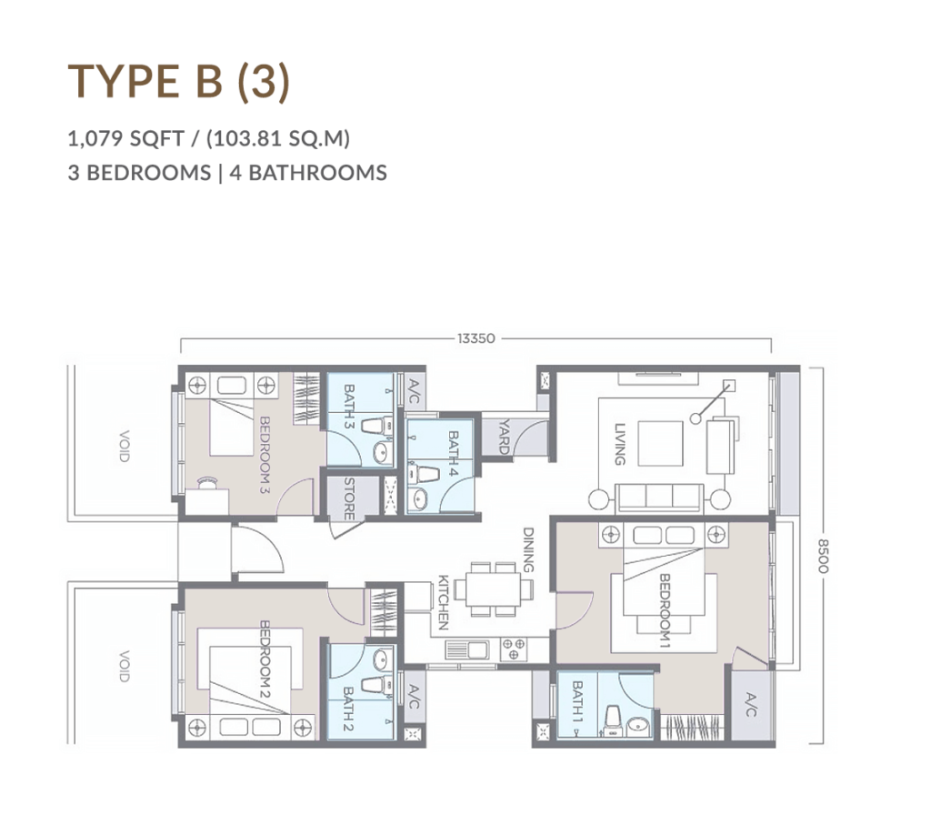 3 bedrooms, 4 bathrooms with built-up 1,079 sq ft  