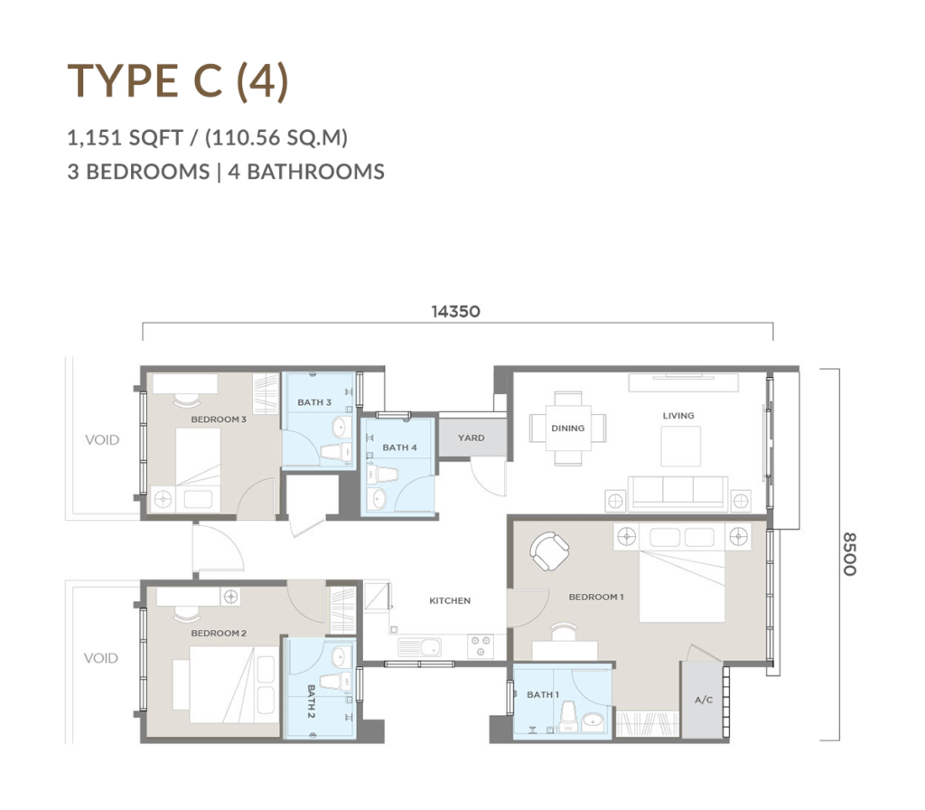 3 bedrooms, 4 bathrooms with built-up 1,151 sq ft  