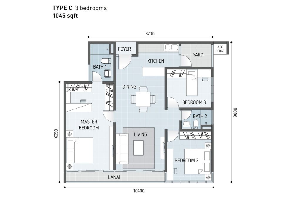 3 rooms condo, built up 1,045 sq ft