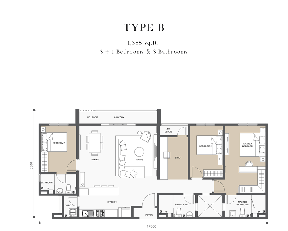 Built up 1,335 sq ft, 3+1 rooms