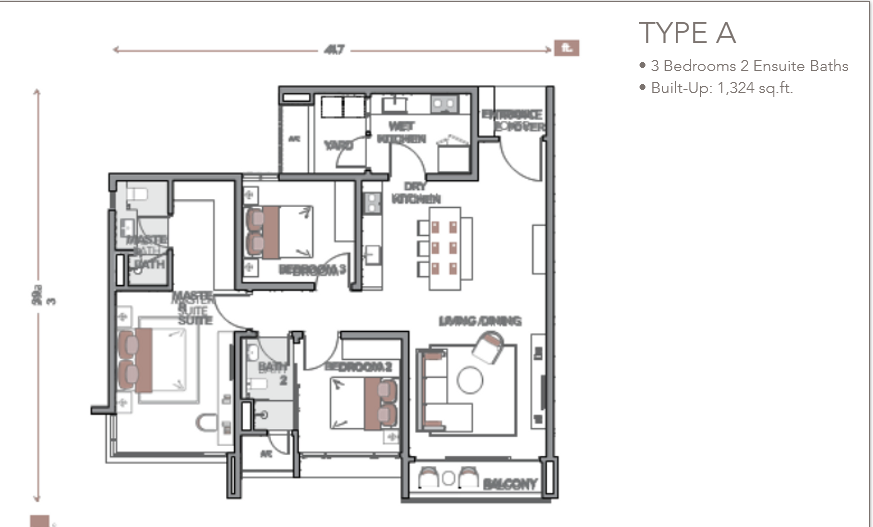 Built up 1,324 sq ft. 3-bedroom condo