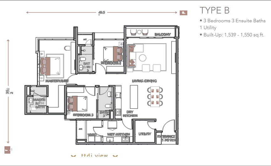 Built up 1,539 sq ft, 3-bedroom condo