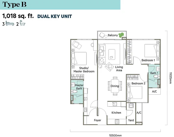 3 rooms dual key condo, 1,018 sq ft