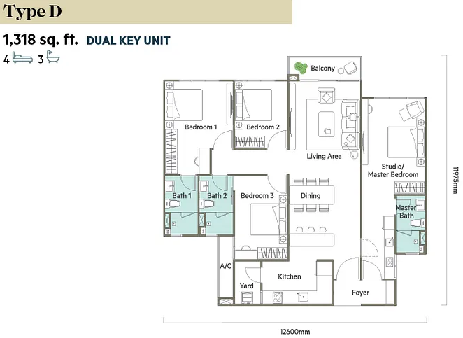 4 rooms dual key  condo, 1,318 sq ft built up