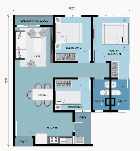 3 rooms, 2 baths - 800 sq ft