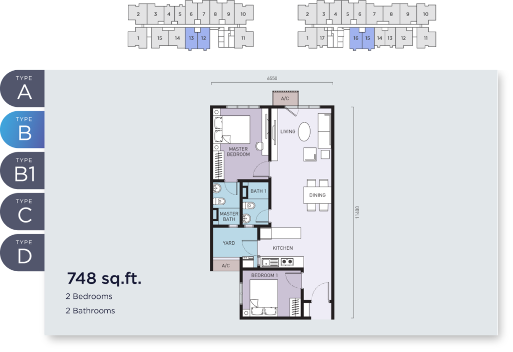 2 bedroom condominium - 748 sq ft