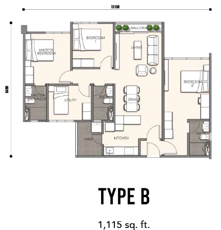 4 bedrooms condominium - 1,115 sq ft