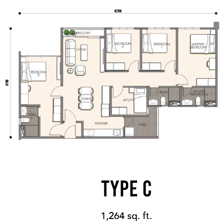 5 bedrooms condo - 1,264 sq ft