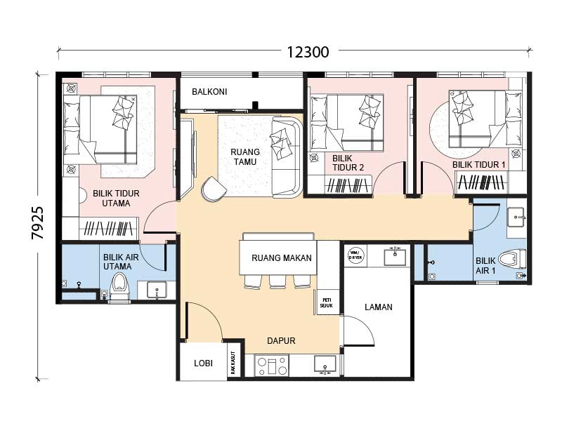 Floor area 900 sq ft - 3 rooms, 2 bathrooms