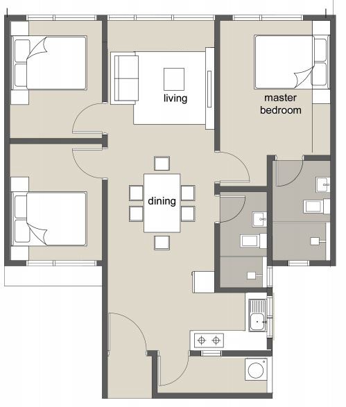 3 bedrooms, 2 bathrooms - 830 sq ft floor area