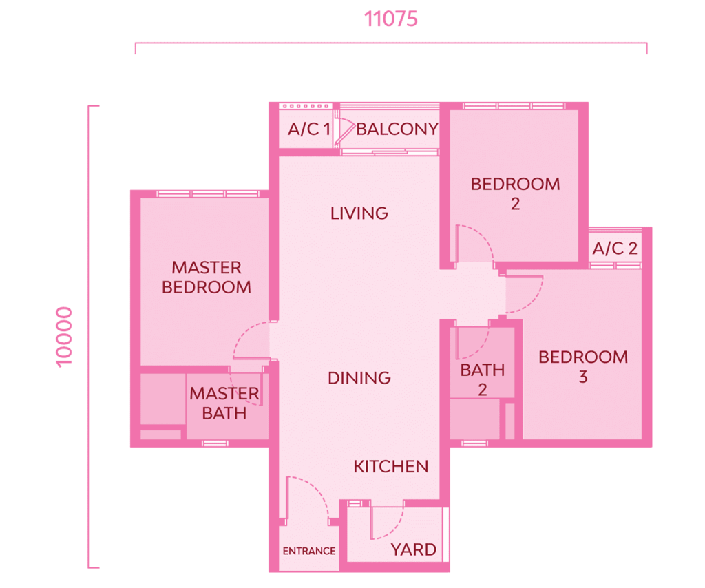 3 bedrooms - 876 sq ft