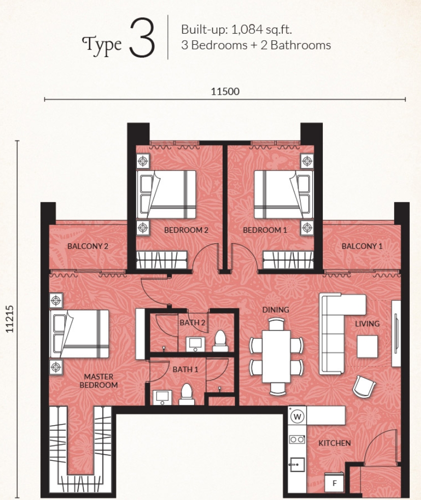 3 bedroom suite - 1,084 sq ft