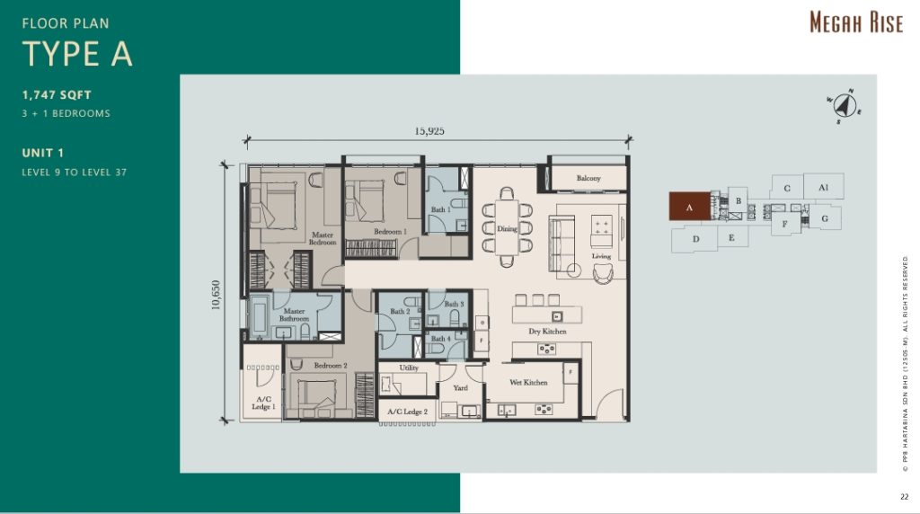 1747 sq ft :  3+1 rooms layout