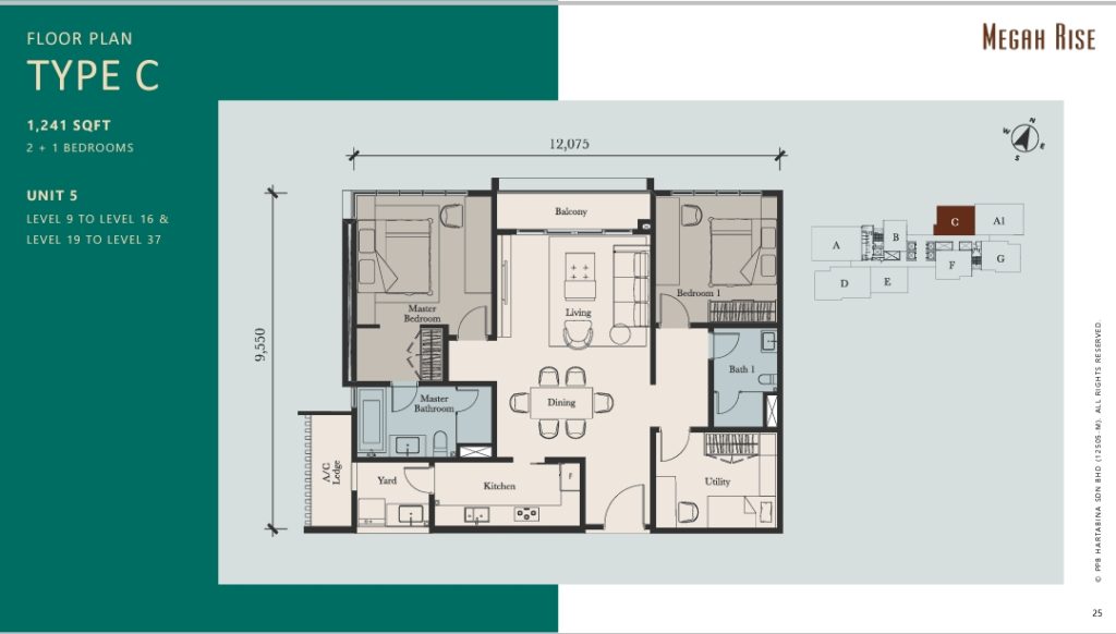 1241 sq ft : 2+1 rooms layout