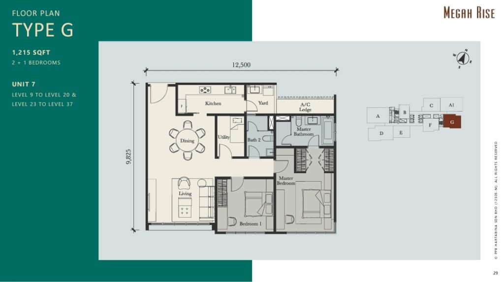 1215 sq ft : 2+1 rooms layout