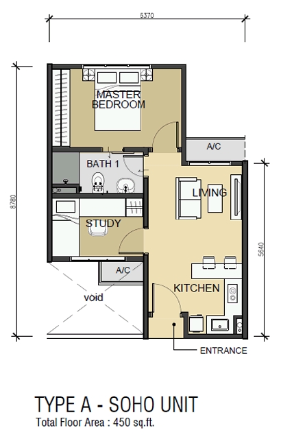 450 sq ft - 2 rooms