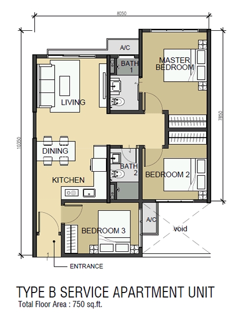 750 sq ft - 3 bedrooms