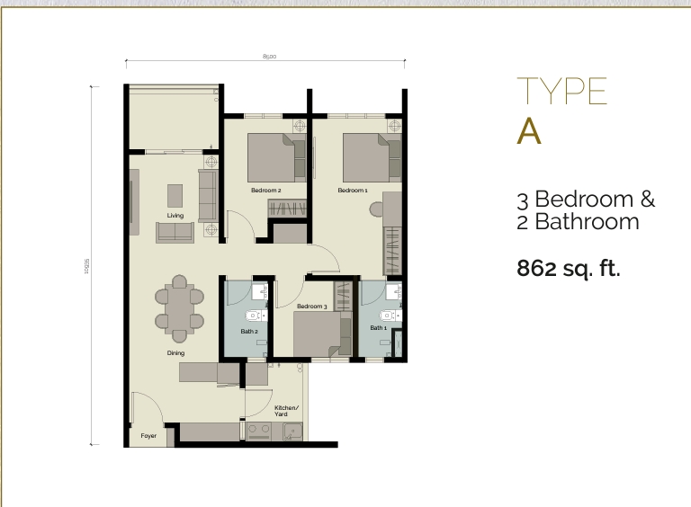 Floor area 862 sq ft - 3 rooms