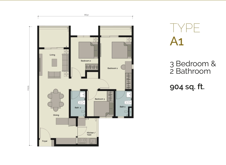 Floor area 904 sq ft - 3 rooms