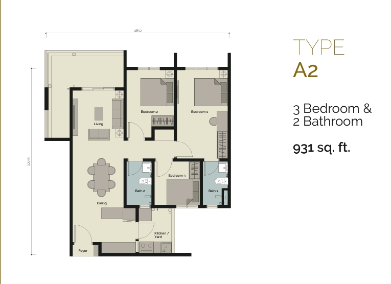Floor area 931 sq ft - 3 rooms