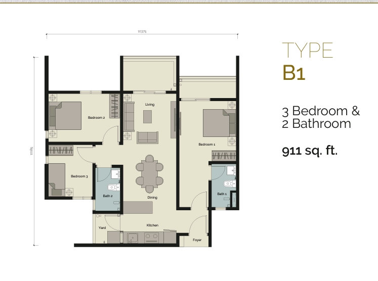 Floor area 911 sq ft - 3 bedrooms