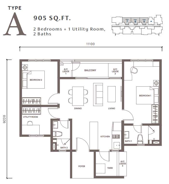 2 bedrooms, 2 bathrooms condo - 905 sq ft