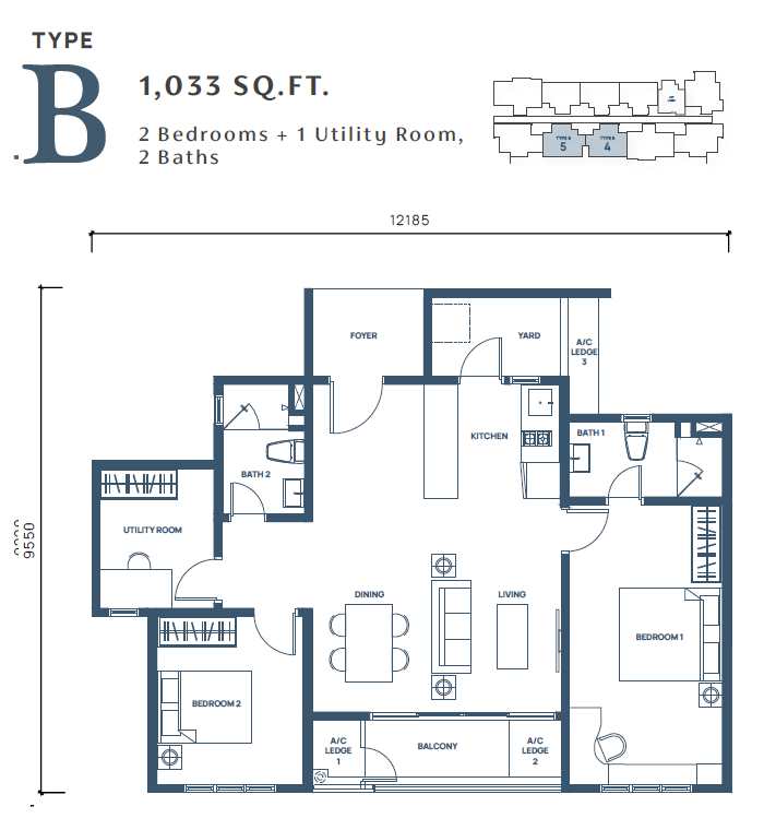 2+1 rooms, 2 baths unit - 1,033 sq ft