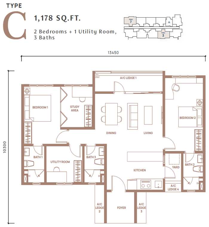 2 bedrooms + 1 utility room, 3 baths layout - 1,178 sq ft