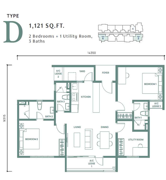 2 bedrooms + 1 utility room, 3 bathrooms - 1,121 sq ft
