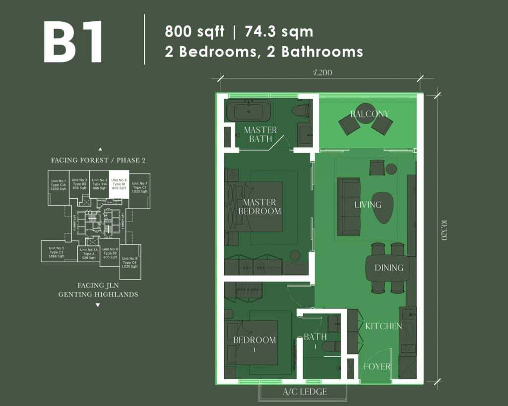 2 bedrooms, 2 bathrooms - 800 sq ft