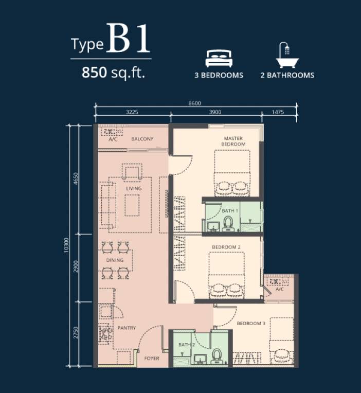 3 bedrooms & 2 bathrooms - 850 sq ft