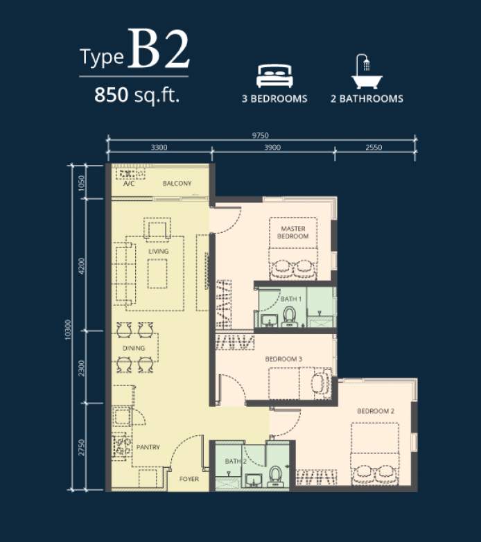 3 bedrooms & 2 bathrooms  - 850 sq ft
