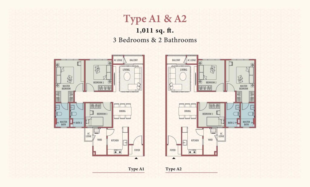 3 bedrooms & 2 bathrooms with built up 1,011 sq ft