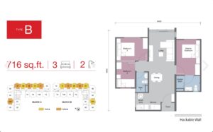Unit layout: 3 rooms & 2 baths : Built-up area : 716 sq ft