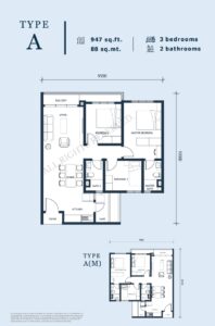 Unit Layout: 3 rooms & 2 baths | Unit Size : 947 sq ft