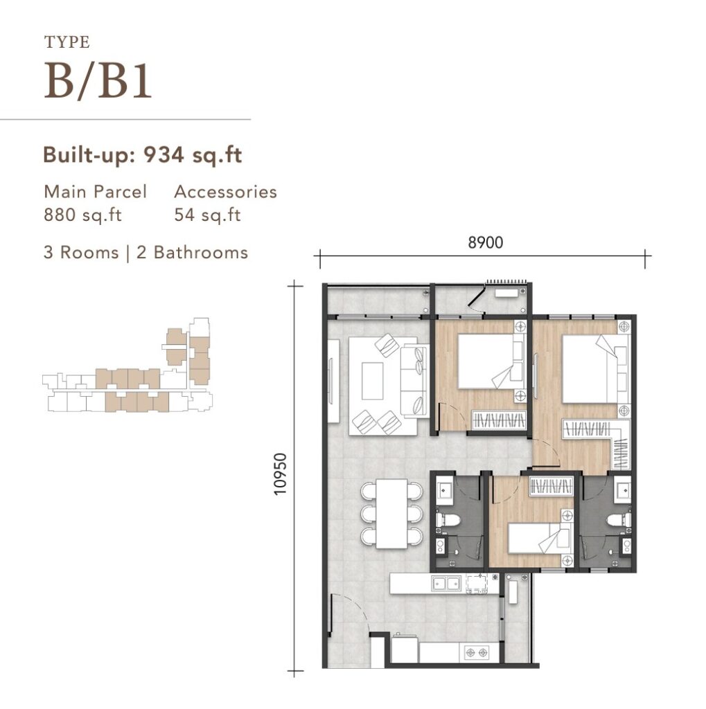 Amara Residences unit built-up 934 sq ft with 3 bedrooms, 2 bathrooms