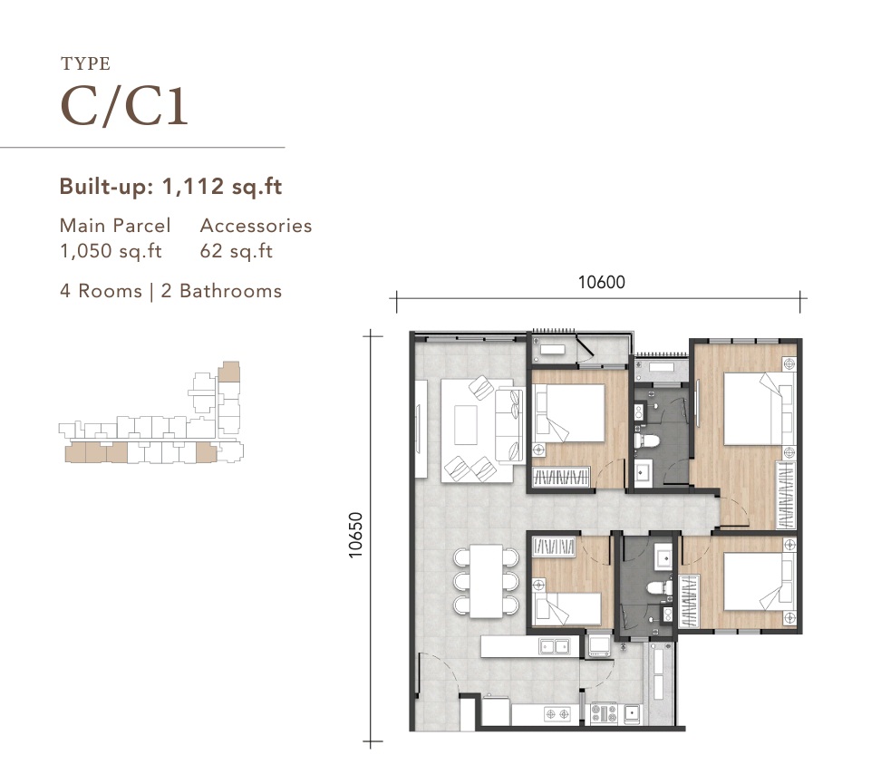 Amara Residences unit built-up 1,112 sq ft with 4 bedrooms, 2 bathrooms 